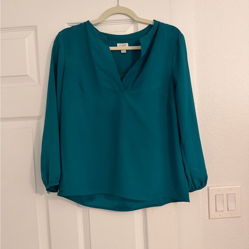 J. Crew Teal V-Neck Long-Sleeve Blouse